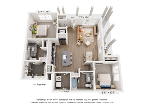 A 3D floor plan of a two-story house with a garage.